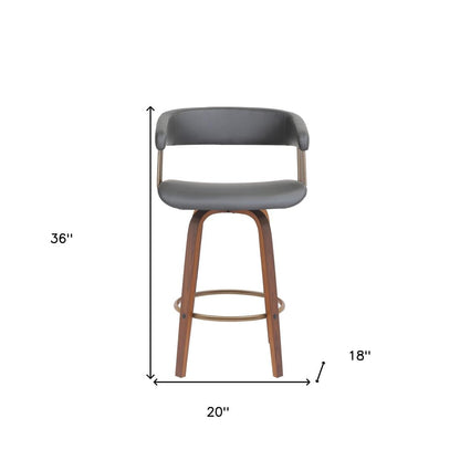 26" Gray And Brown Faux Leather And Fabric And Wood Counter Height Swivel Bar Chair