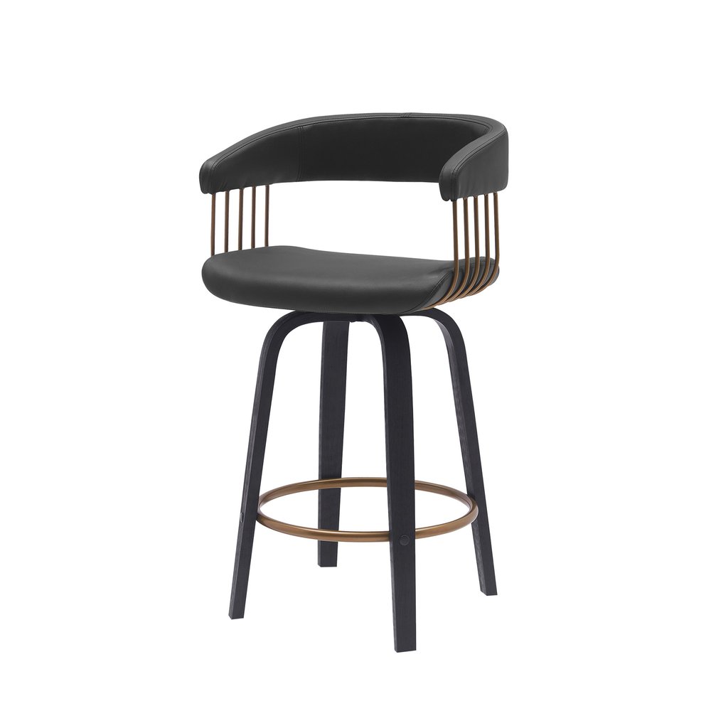 26" Black Faux Leather And Fabric And Wood Counter Height Swivel Bar Chair