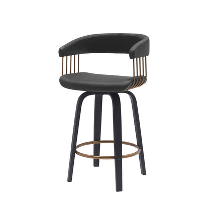 26" Black Faux Leather And Fabric And Wood Counter Height Swivel Bar Chair
