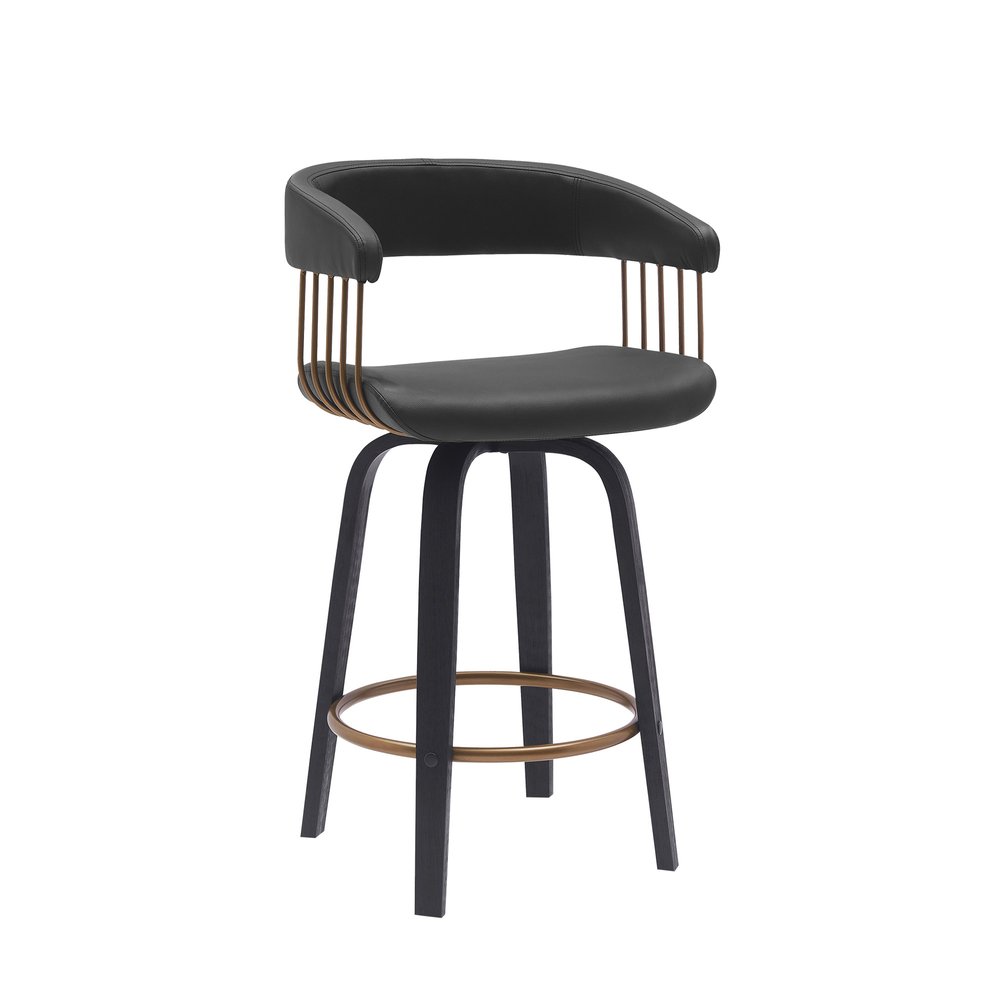 26" Black Faux Leather And Fabric And Wood Counter Height Swivel Bar Chair