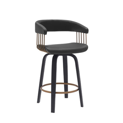 26" Black Faux Leather And Fabric And Wood Counter Height Swivel Bar Chair