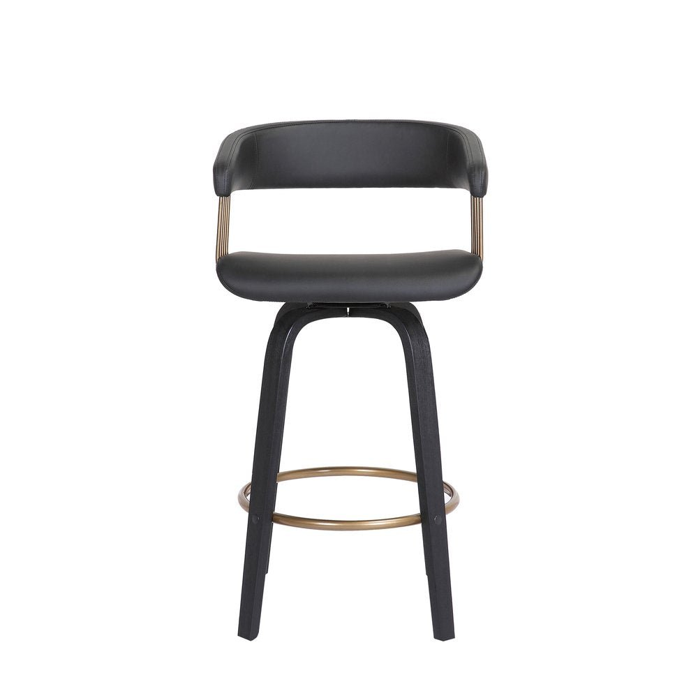 26" Black Faux Leather And Fabric And Wood Counter Height Swivel Bar Chair