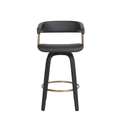 26" Black Faux Leather And Fabric And Wood Counter Height Swivel Bar Chair