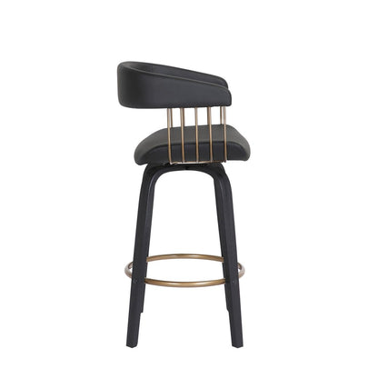26" Black Faux Leather And Fabric And Wood Counter Height Swivel Bar Chair