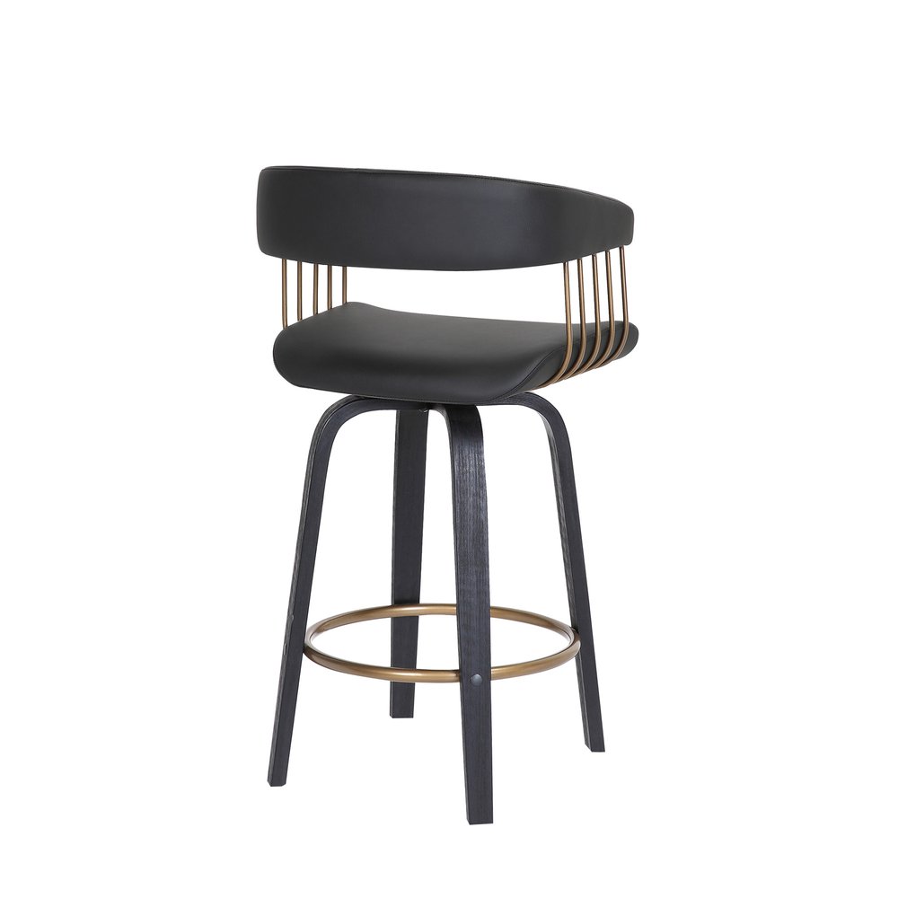 26" Black Faux Leather And Fabric And Wood Counter Height Swivel Bar Chair