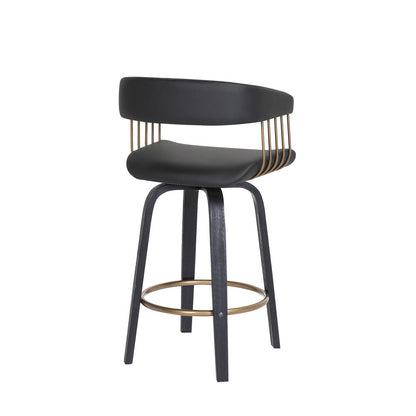 26" Black Faux Leather And Fabric And Wood Counter Height Swivel Bar Chair