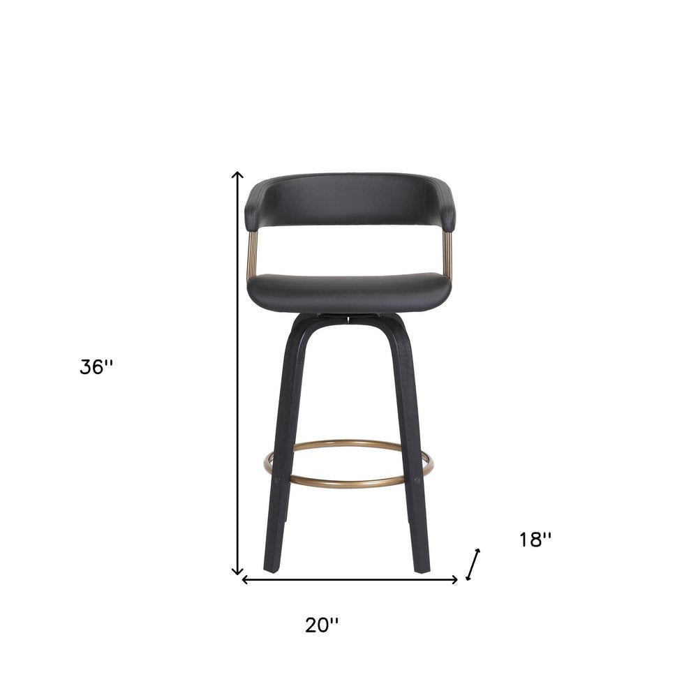 26" Black Faux Leather And Fabric And Wood Counter Height Swivel Bar Chair
