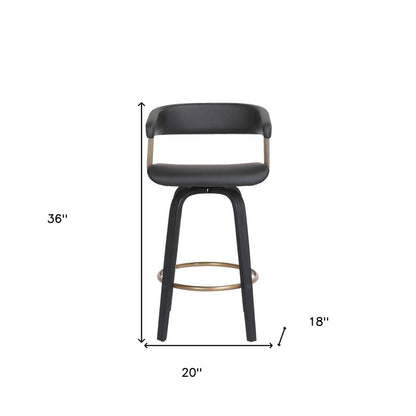 26" Black Faux Leather And Fabric And Wood Counter Height Swivel Bar Chair