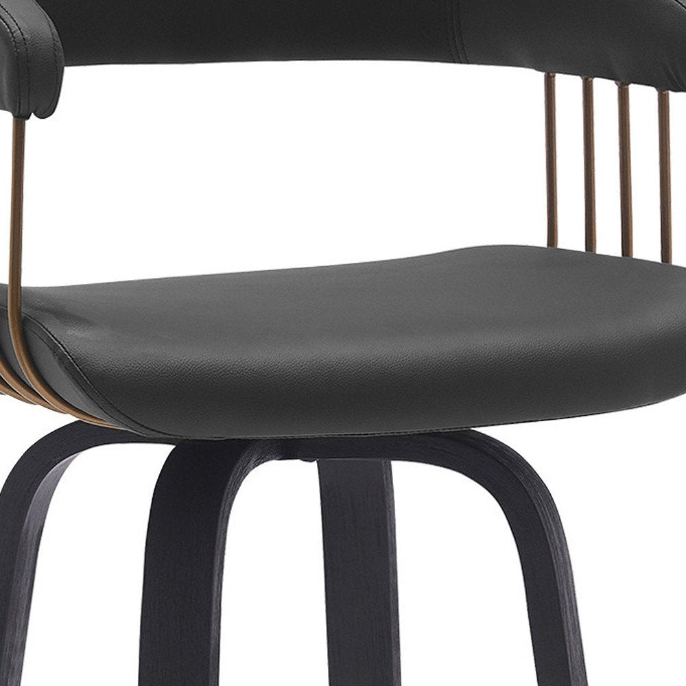26" Black Faux Leather And Fabric And Wood Counter Height Swivel Bar Chair