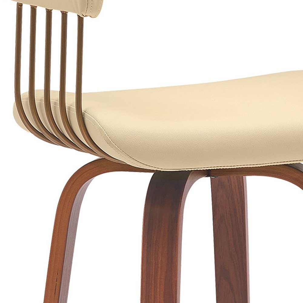 31" Cream And Brown Faux Leather And Fabric And Wood Bar Height Swivel Bar Chair