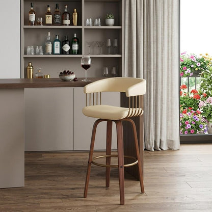 31" Cream And Brown Faux Leather And Fabric And Wood Bar Height Swivel Bar Chair