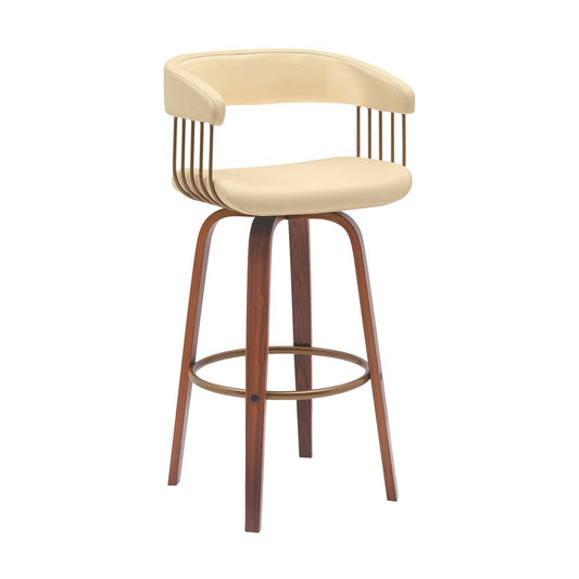 31" Cream And Brown Faux Leather And Fabric And Wood Bar Height Swivel Bar Chair