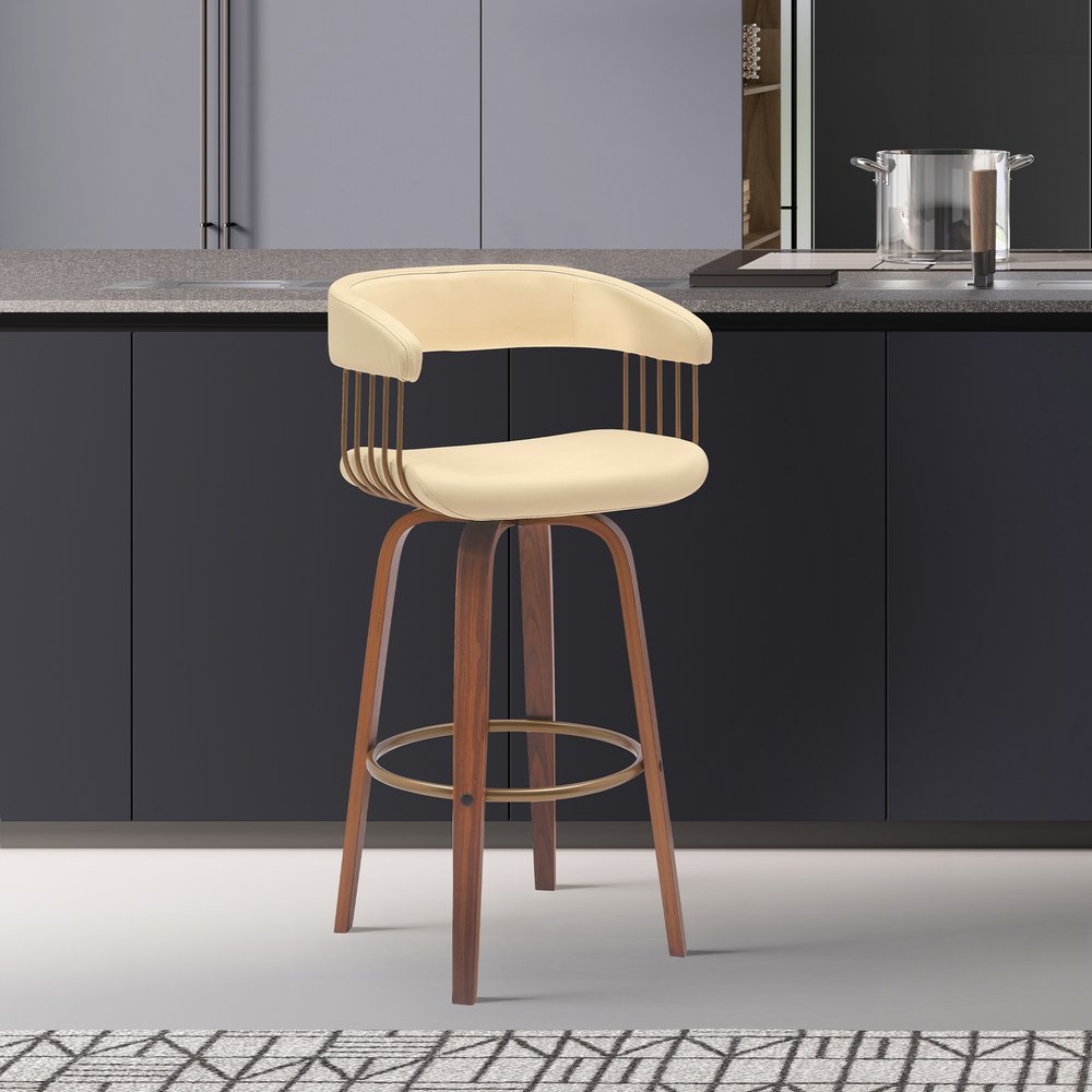 31" Cream And Brown Faux Leather And Fabric And Wood Bar Height Swivel Bar Chair