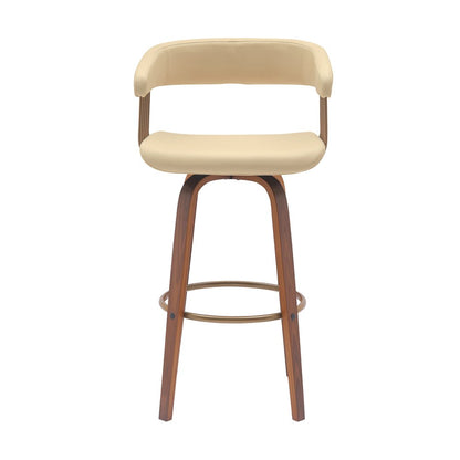 31" Cream And Brown Faux Leather And Fabric And Wood Bar Height Swivel Bar Chair