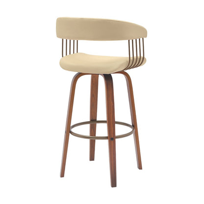 31" Cream And Brown Faux Leather And Fabric And Wood Bar Height Swivel Bar Chair