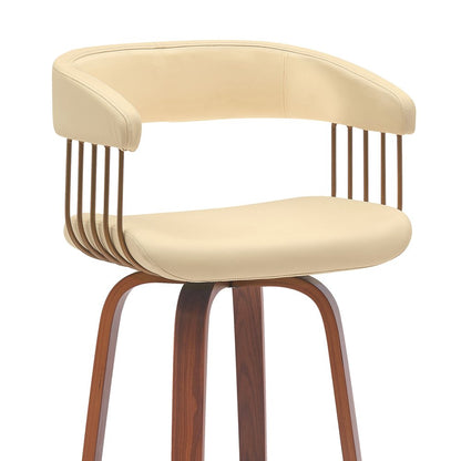 31" Cream And Brown Faux Leather And Fabric And Wood Bar Height Swivel Bar Chair