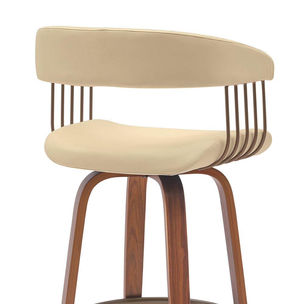 31" Cream And Brown Faux Leather And Fabric And Wood Bar Height Swivel Bar Chair