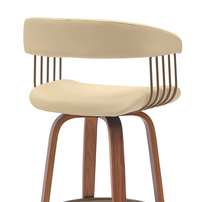31" Cream And Brown Faux Leather And Fabric And Wood Bar Height Swivel Bar Chair