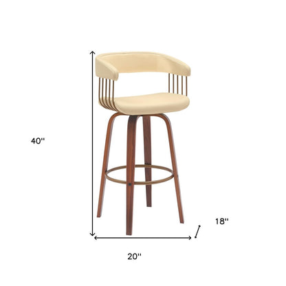31" Cream And Brown Faux Leather And Fabric And Wood Bar Height Swivel Bar Chair