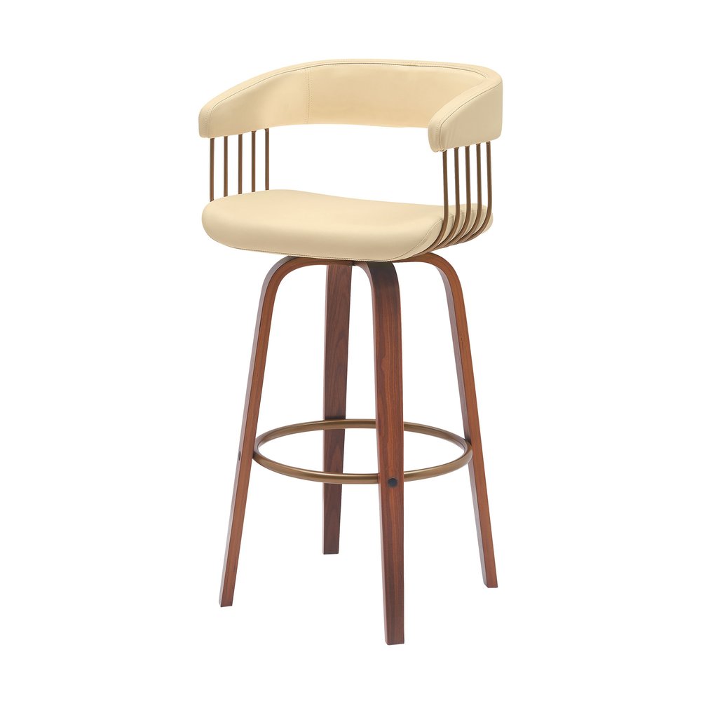 31" Cream And Brown Faux Leather And Fabric And Wood Bar Height Swivel Bar Chair