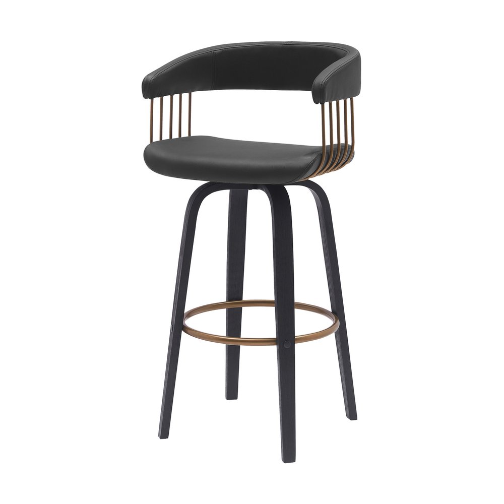 31" Black Faux Leather And Fabric And Wood Bar Height Swivel Bar Chair