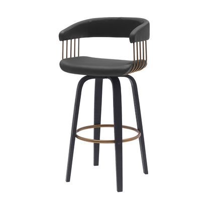 31" Black Faux Leather And Fabric And Wood Bar Height Swivel Bar Chair