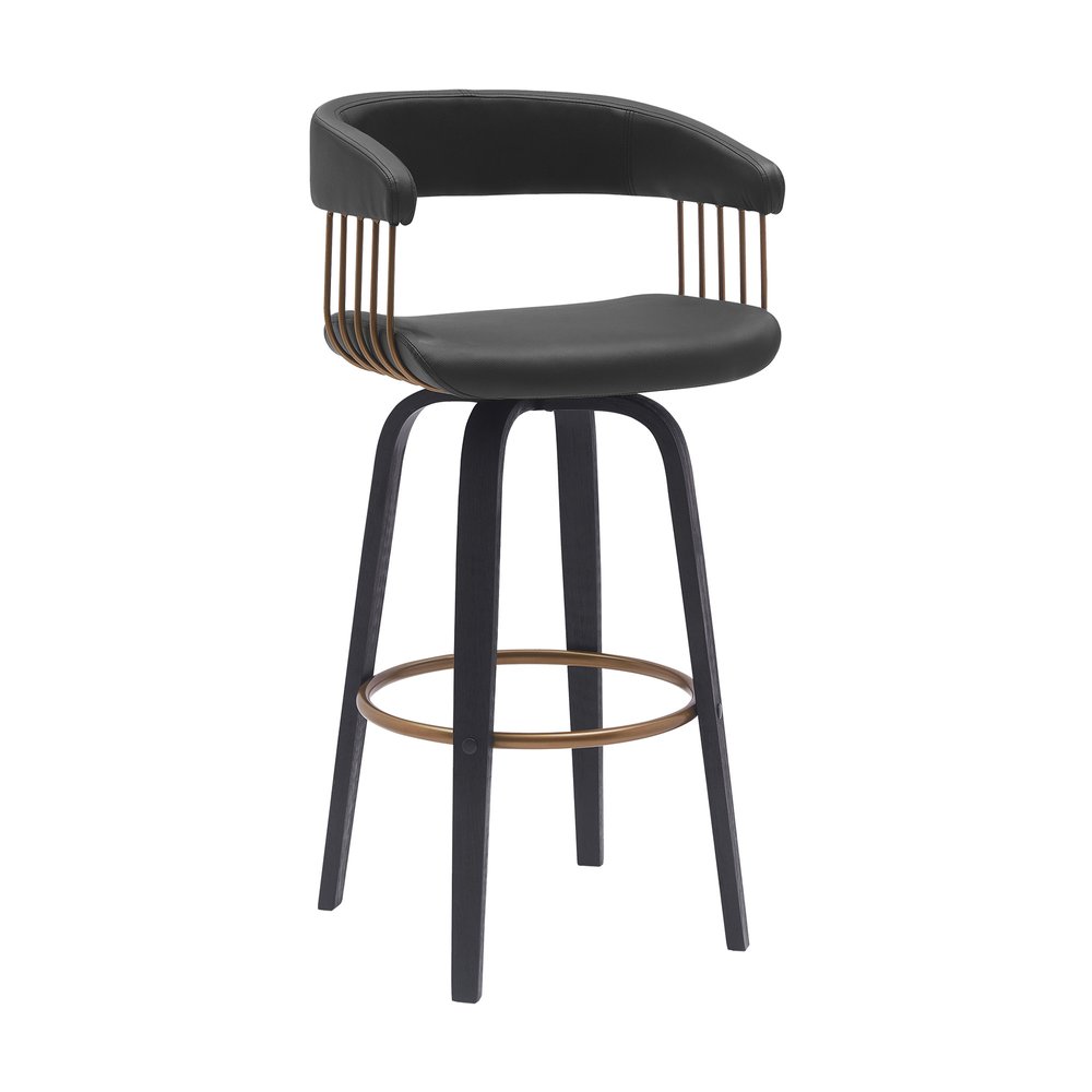 31" Black Faux Leather And Fabric And Wood Bar Height Swivel Bar Chair
