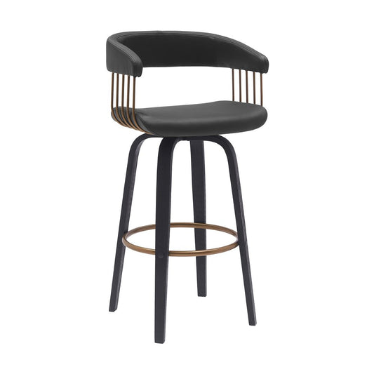 31" Black Faux Leather And Fabric And Wood Bar Height Swivel Bar Chair