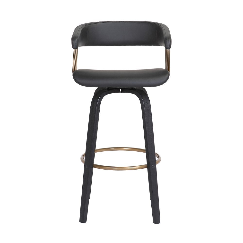 31" Black Faux Leather And Fabric And Wood Bar Height Swivel Bar Chair