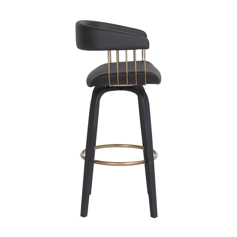 31" Black Faux Leather And Fabric And Wood Bar Height Swivel Bar Chair