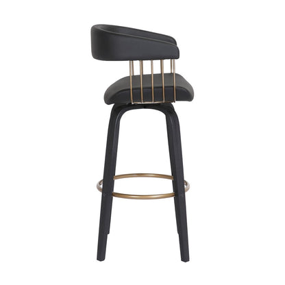 31" Black Faux Leather And Fabric And Wood Bar Height Swivel Bar Chair