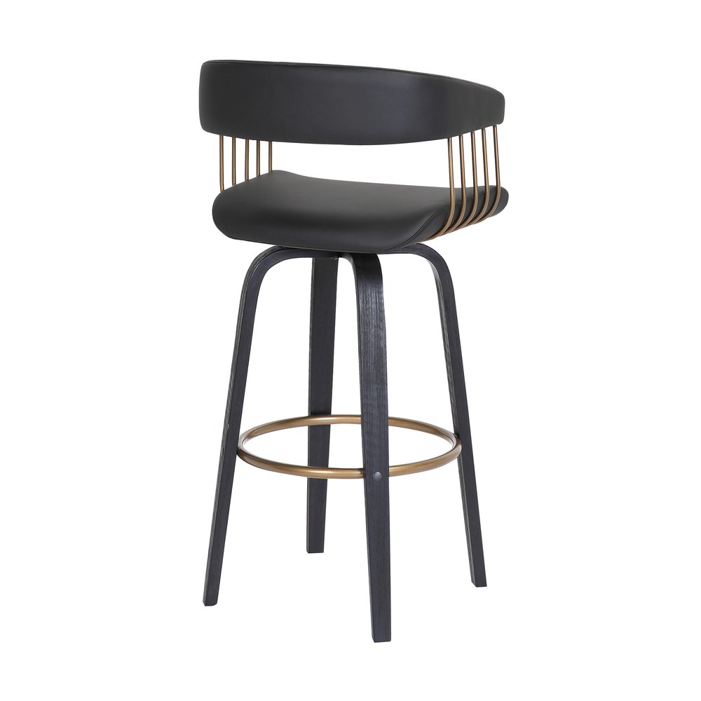 31" Black Faux Leather And Fabric And Wood Bar Height Swivel Bar Chair