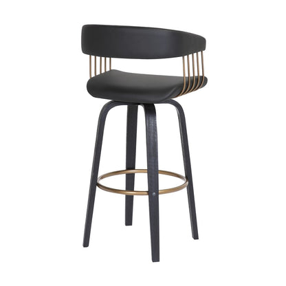31" Black Faux Leather And Fabric And Wood Bar Height Swivel Bar Chair