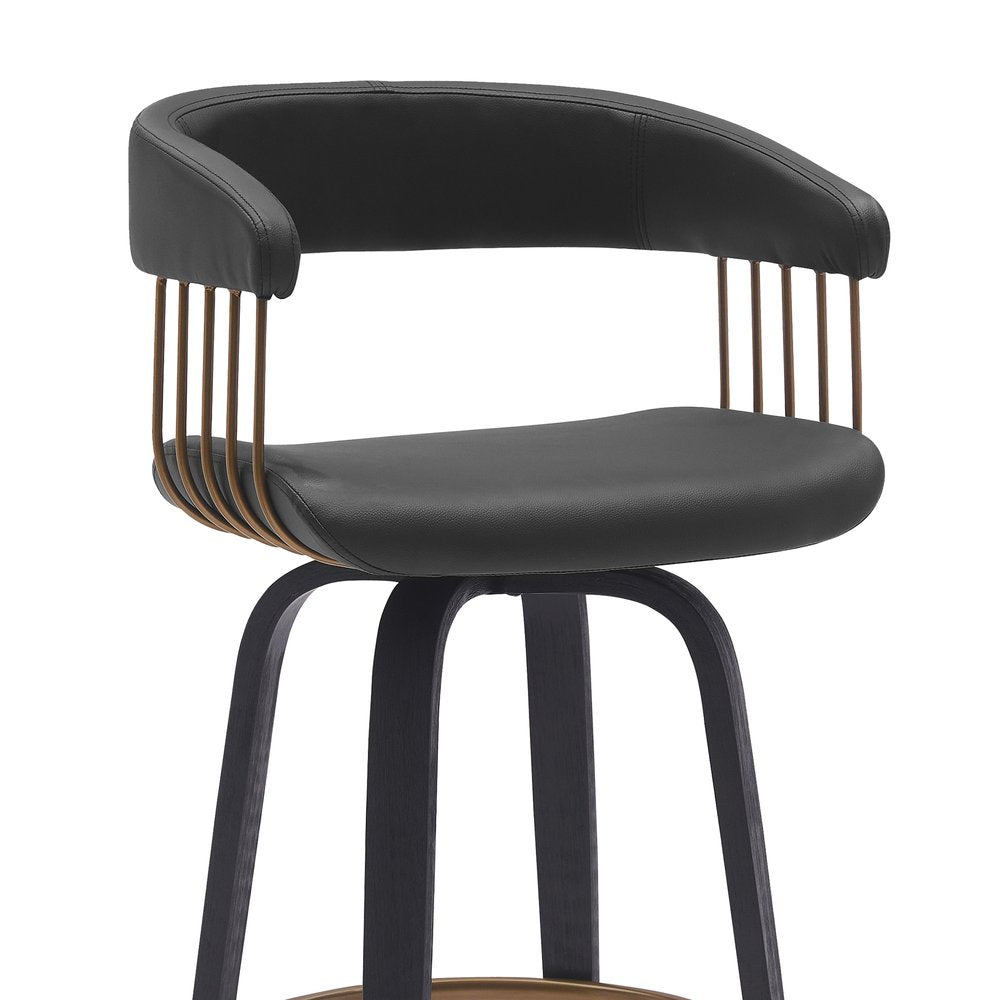 31" Black Faux Leather And Fabric And Wood Bar Height Swivel Bar Chair