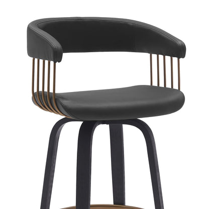 31" Black Faux Leather And Fabric And Wood Bar Height Swivel Bar Chair