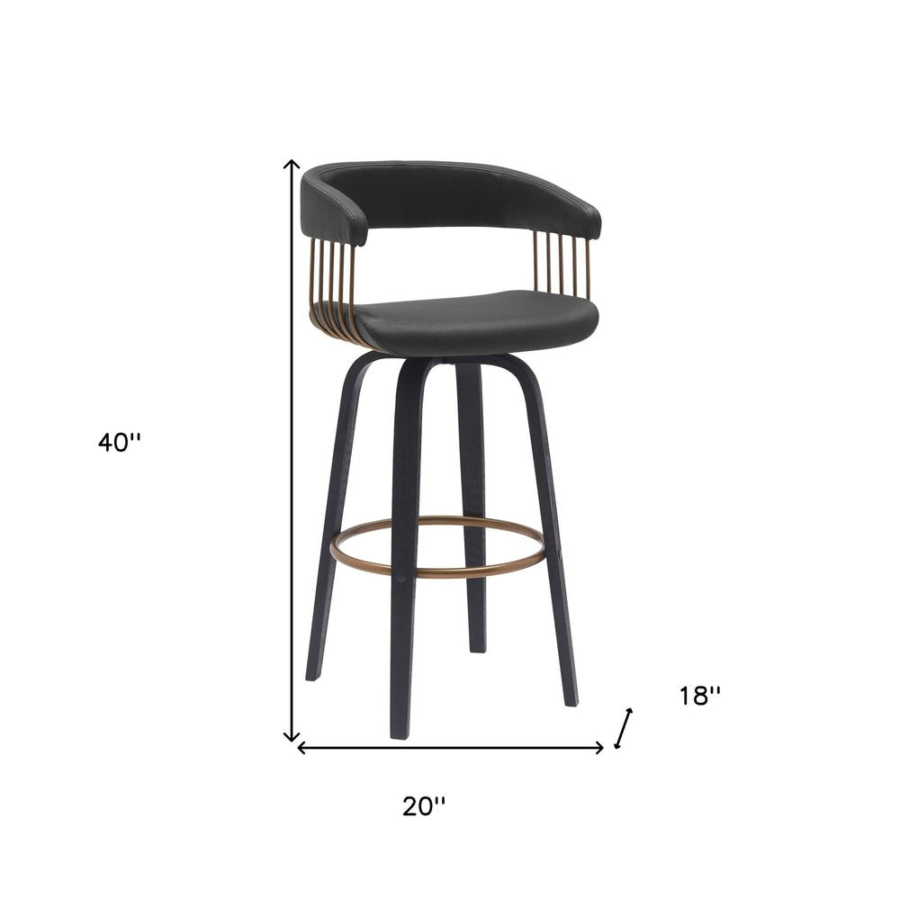 31" Black Faux Leather And Fabric And Wood Bar Height Swivel Bar Chair