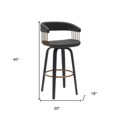 31" Black Faux Leather And Fabric And Wood Bar Height Swivel Bar Chair