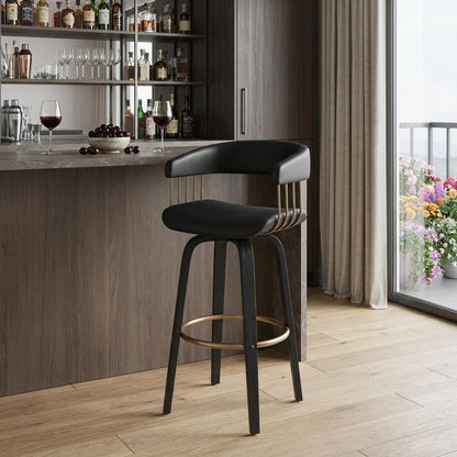 31" Black Faux Leather And Fabric And Wood Bar Height Swivel Bar Chair