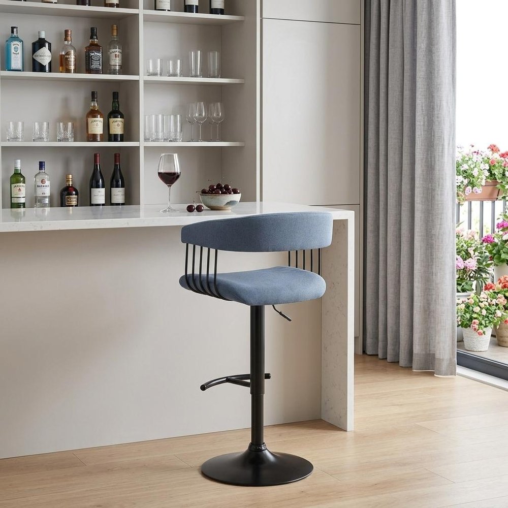 Blue And Black Fabric And Metal Adjustable Height Swivel Bar Chair