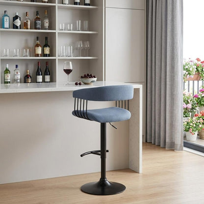 Blue And Black Fabric And Metal Adjustable Height Swivel Bar Chair