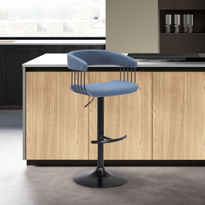 Blue And Black Fabric And Metal Adjustable Height Swivel Bar Chair