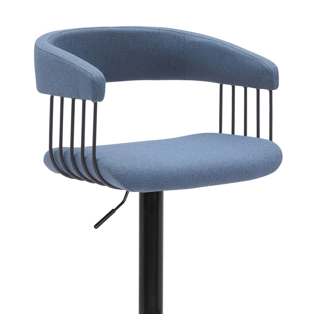 Blue And Black Fabric And Metal Adjustable Height Swivel Bar Chair