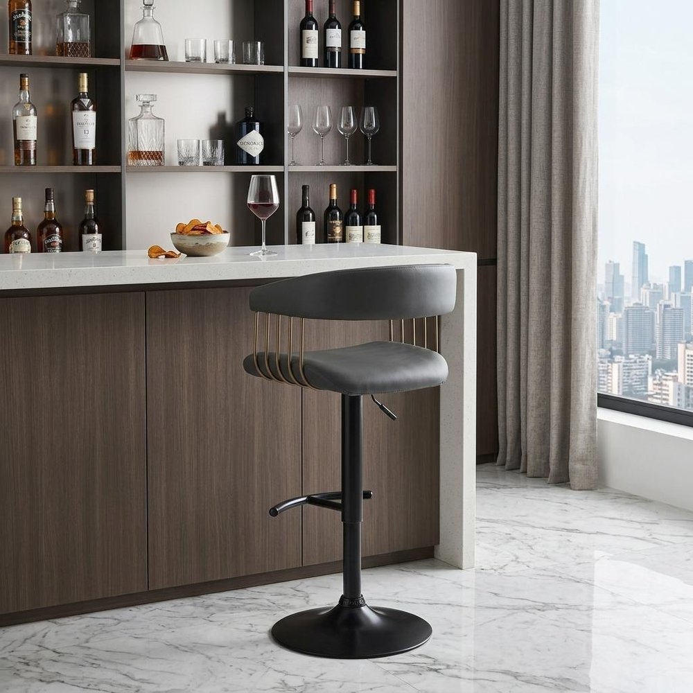 Black Faux Leather And Fabric And Metal Adjustable Height Swivel Bar Chair