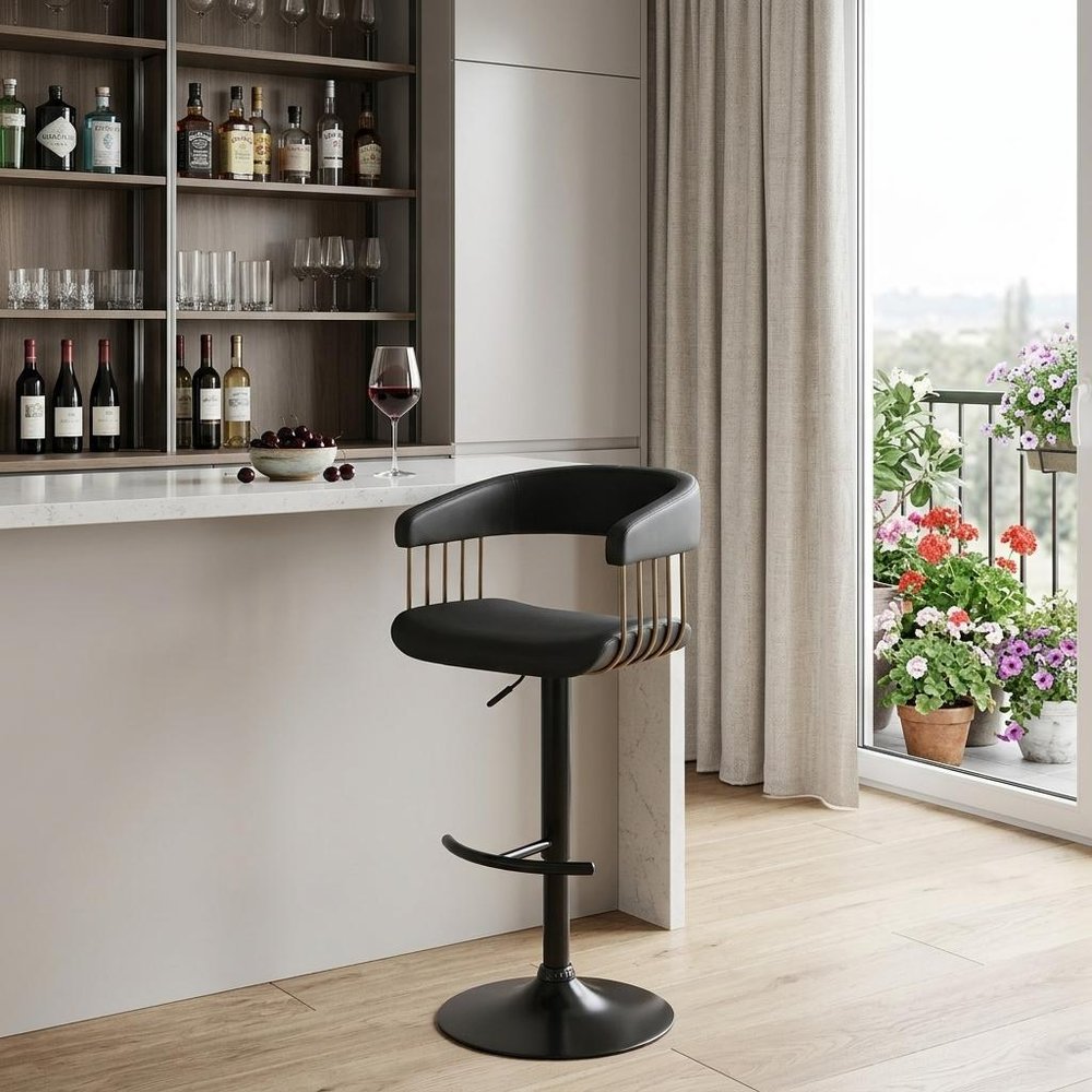Black Faux Leather And Fabric And Metal Adjustable Height Swivel Bar Chair