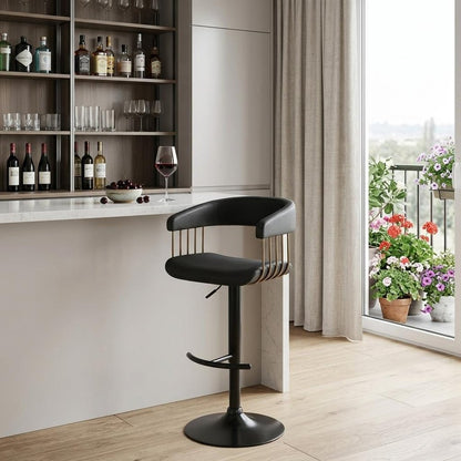 Black Faux Leather And Fabric And Metal Adjustable Height Swivel Bar Chair
