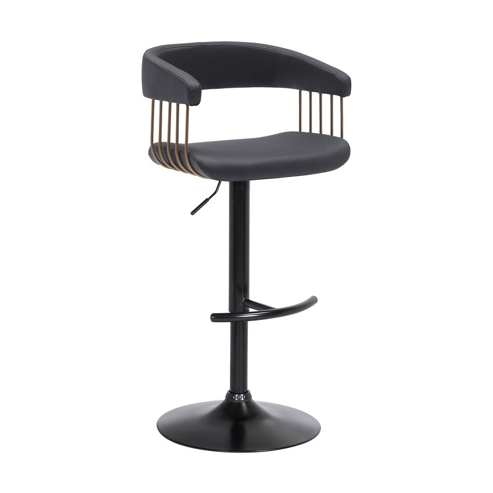 Black Faux Leather And Fabric And Metal Adjustable Height Swivel Bar Chair