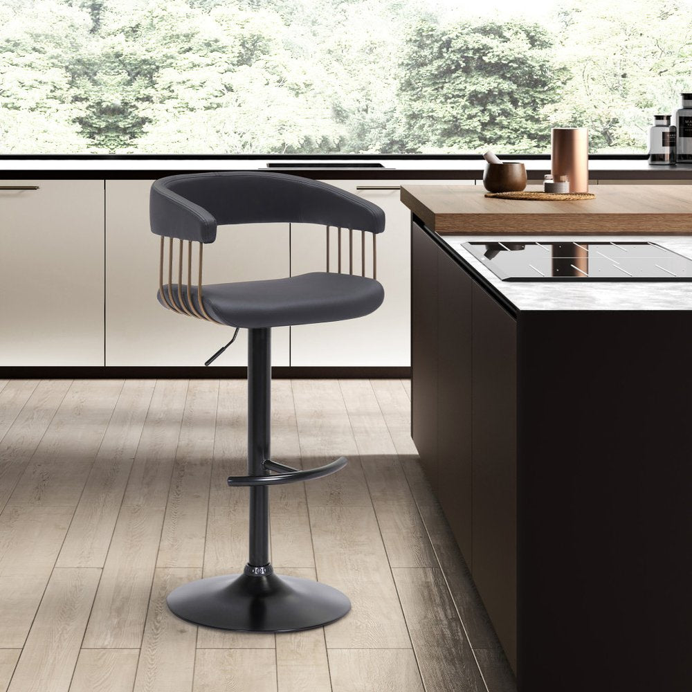 Black Faux Leather And Fabric And Metal Adjustable Height Swivel Bar Chair