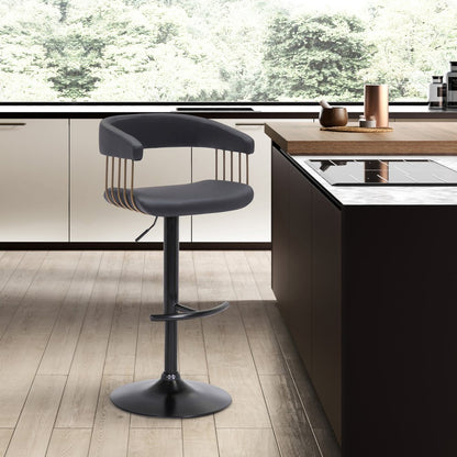 Black Faux Leather And Fabric And Metal Adjustable Height Swivel Bar Chair