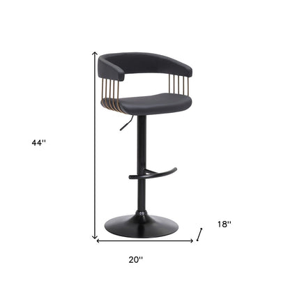 Black Faux Leather And Fabric And Metal Adjustable Height Swivel Bar Chair