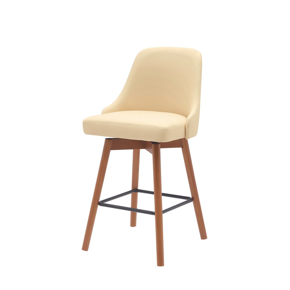 26" Cream And Brown Faux Leather And Fabric And Solid Wood Counter Height Swivel Bar Chair